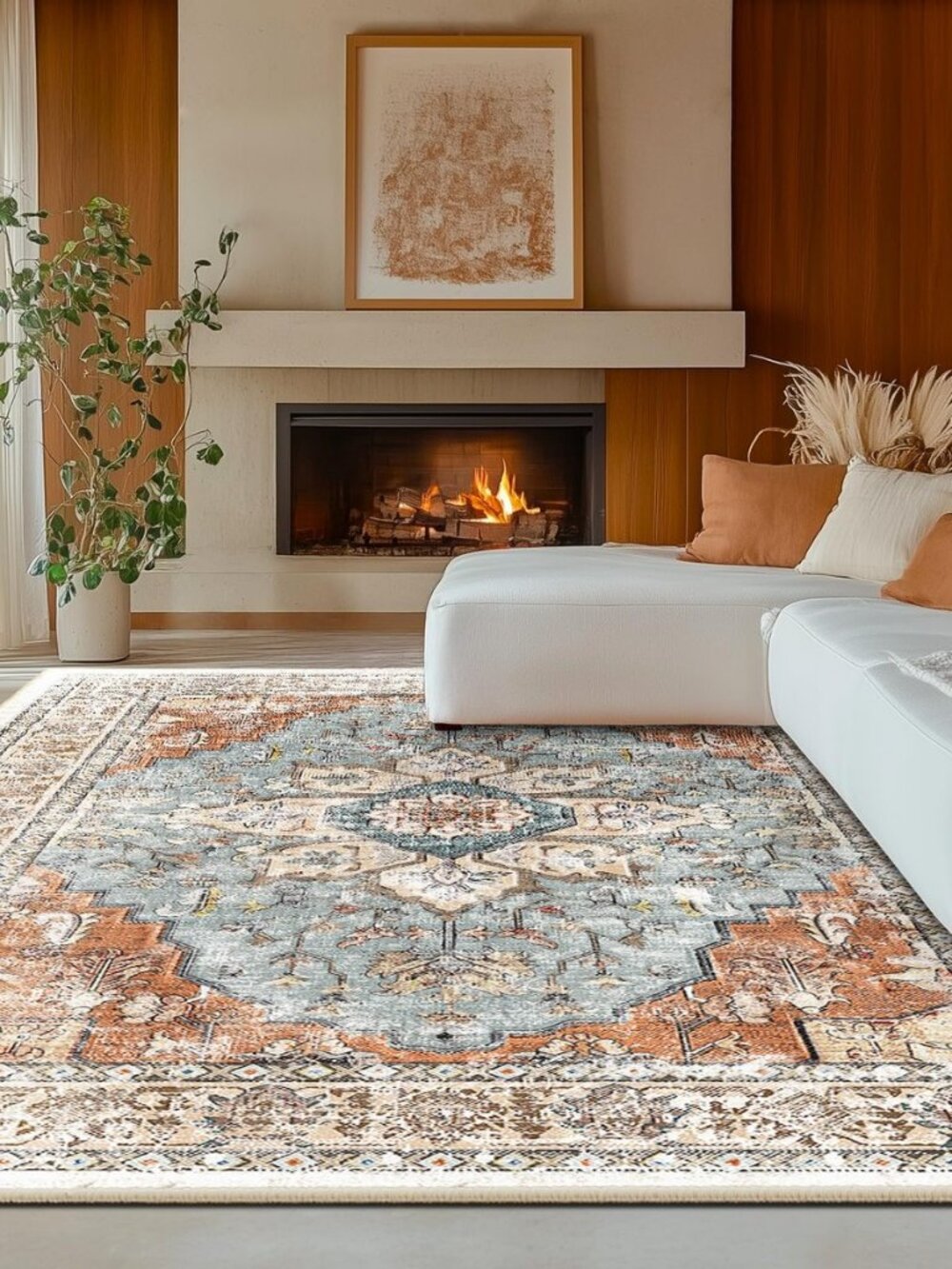 Washable Boho 8x10 Area Rug, No Pile, Living Room, Green Brick